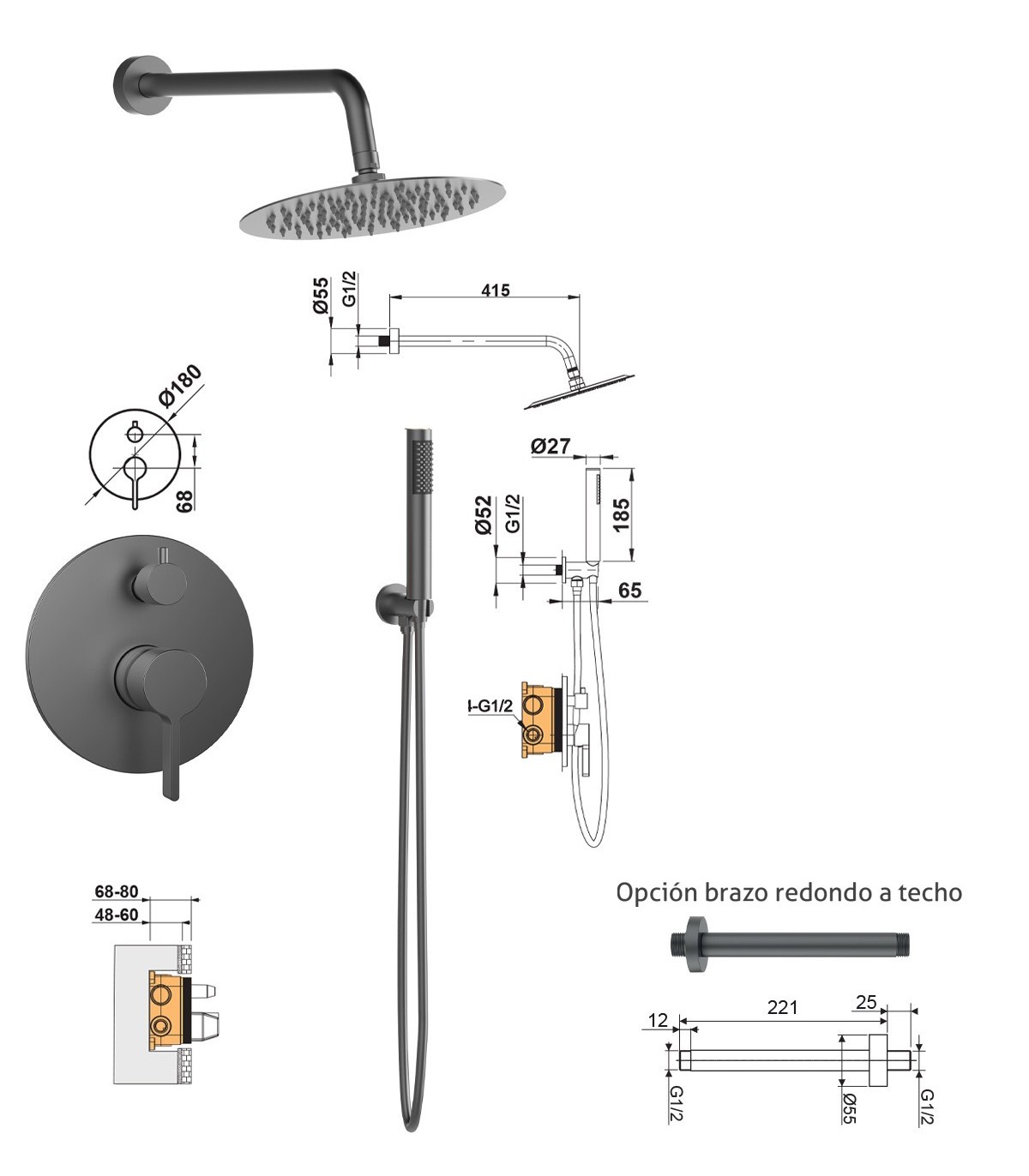 BAMBÚ CONJUNTO DE DUCHA EMPOTRADO A PARED GRIFERÍA MONOMANDO
