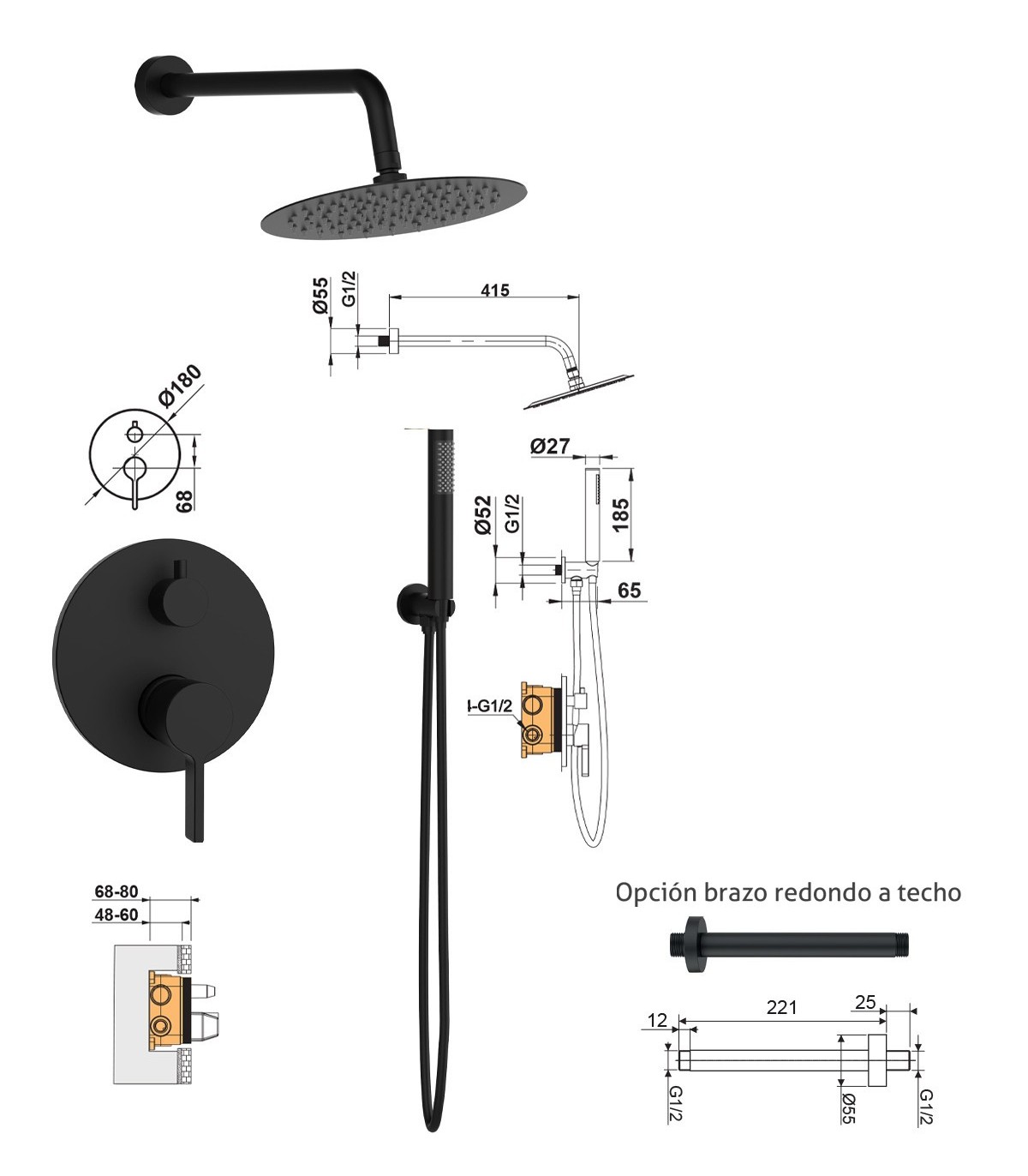 BAMBÚ CONJUNTO DE DUCHA EMPOTRADO A PARED GRIFERÍA MONOMANDO