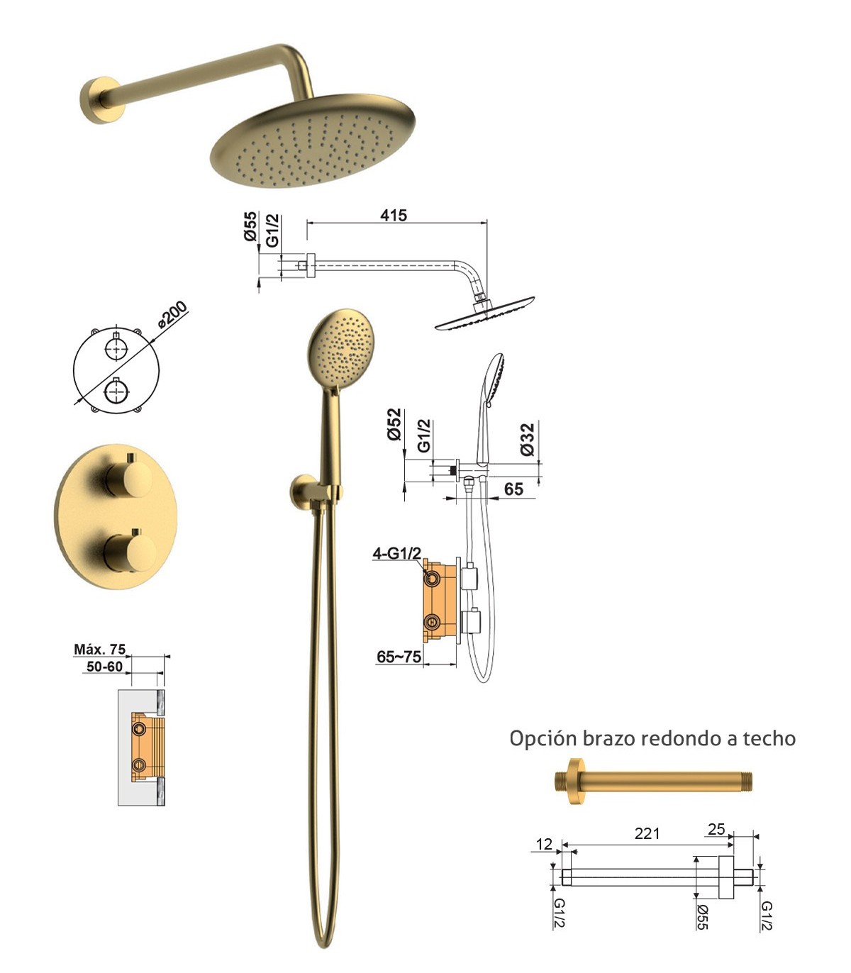 BAMBÚ CONJUNTO DE DUCHA EMPOTRADO A PARED GRIFERÍA TERMOSTÁTICA