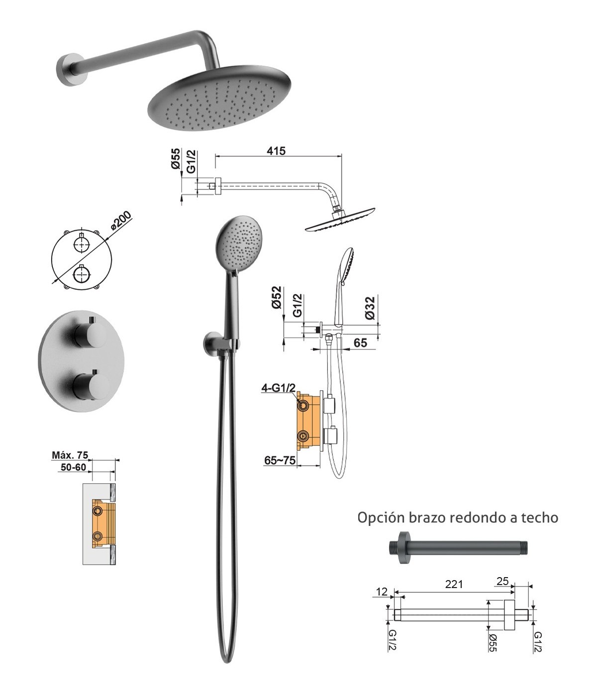 BAMBÚ CONJUNTO DE DUCHA EMPOTRADO A PARED GRIFERÍA TERMOSTÁTICA