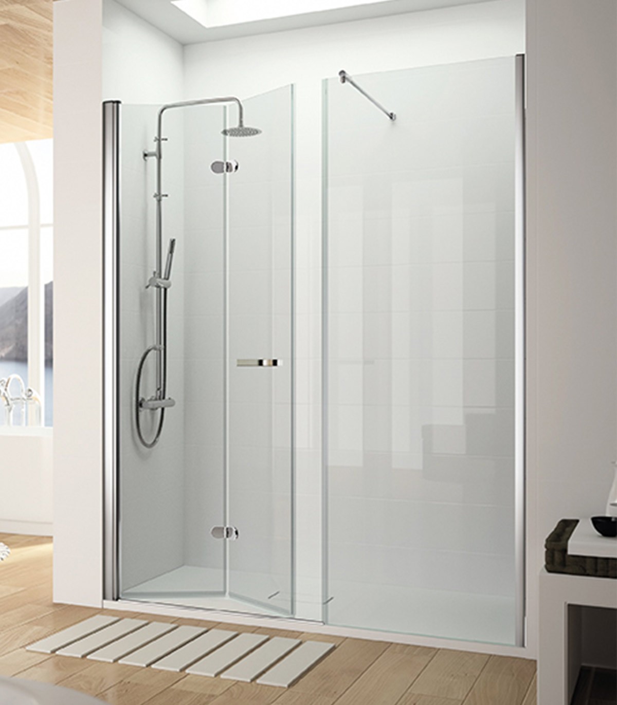 Mampara de ducha con un vidrio fijo negro master line - Mamparas de ducha a  medida