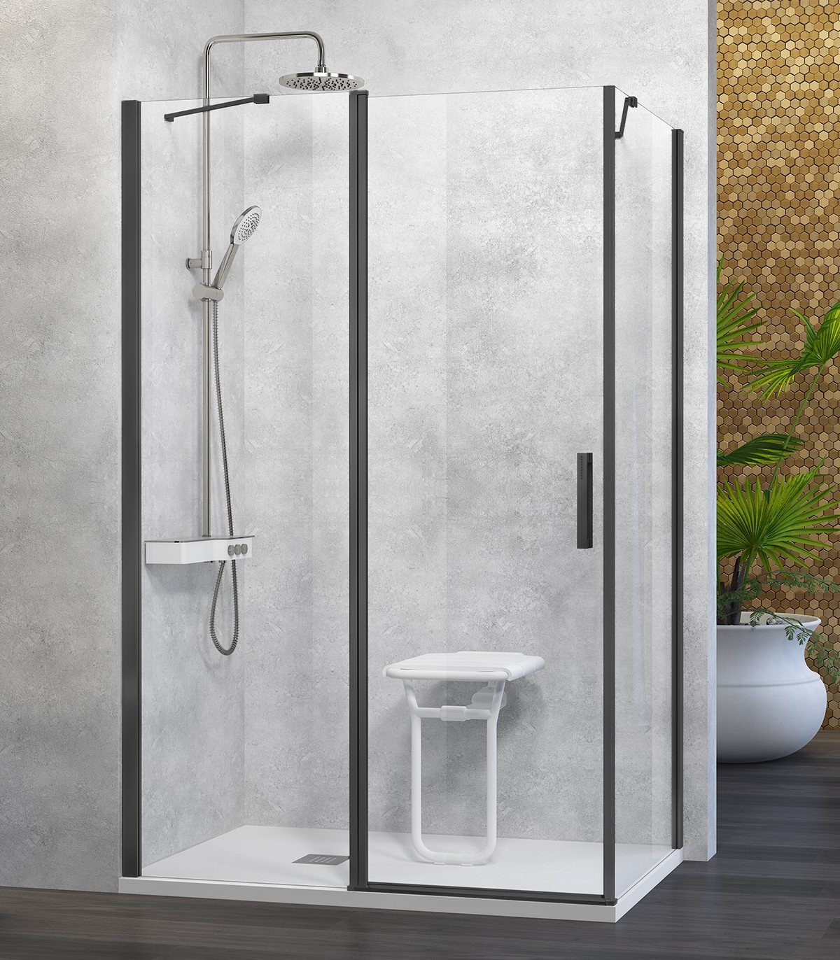 Mampara de ducha de esquina 70 x 70 cm con puerta abatible bien y lateral  fijo