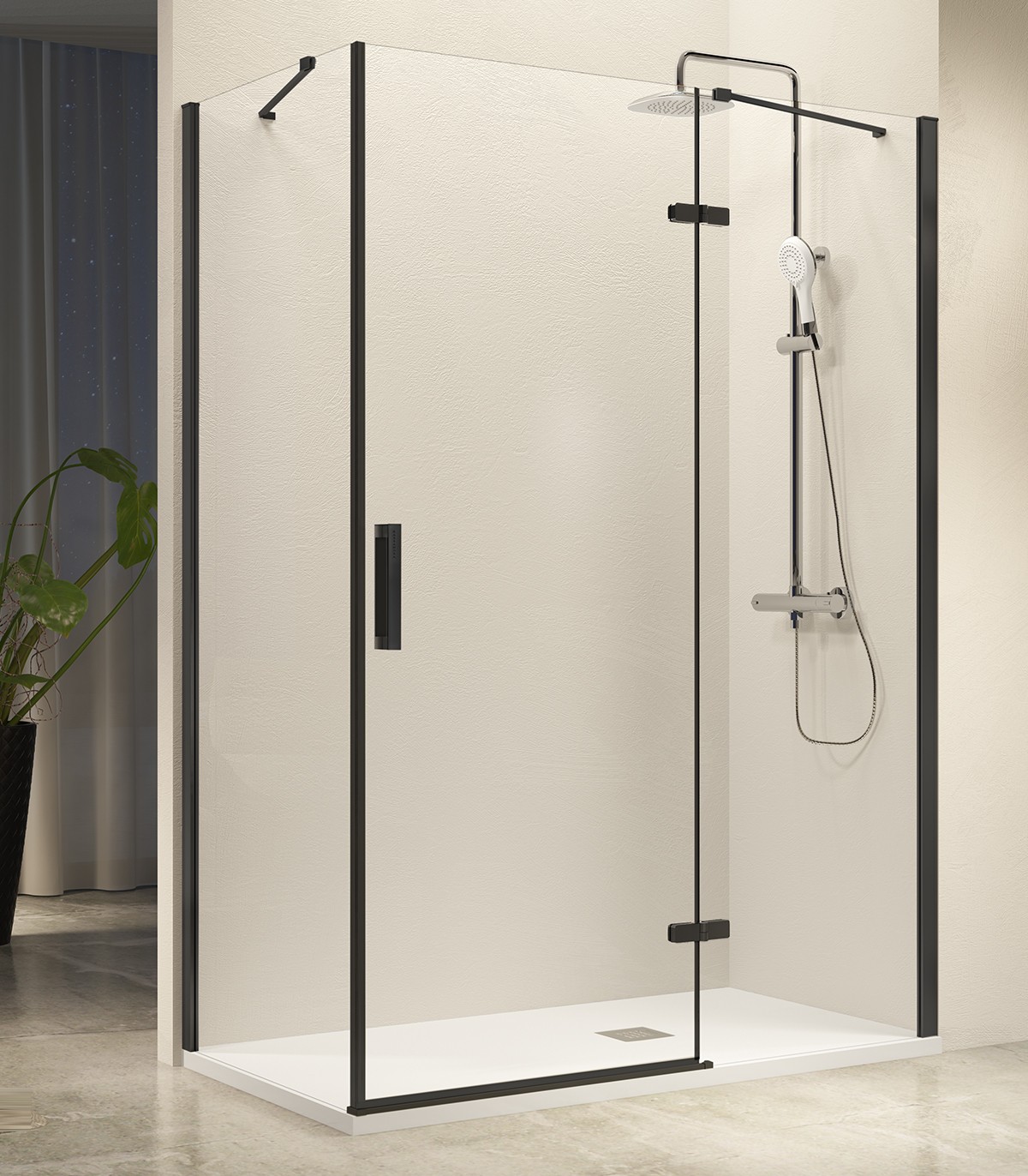 Mampara de ducha frontal con hoja fija y puerta abatible en acabado color  negro Giro Kassandra
